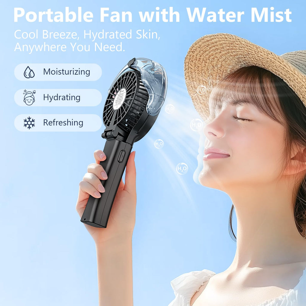WITHOUSE 6000mAh Portable Handheld Misting Fan as Backup Power, 50ml XL Water Tank, 20H Runtime 3 Speeds, 180° Foldable Rechargeable Mist Fan for Travel, Outdoors, Makeup - Black