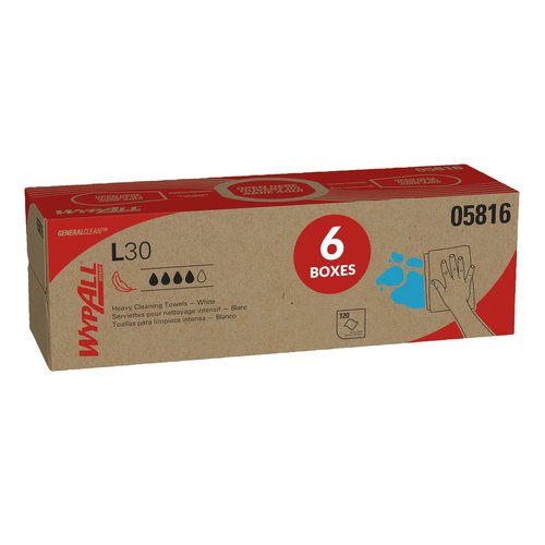 WypAll GeneralClean L30 Cloths Heavy Duty Cleaning Wipes (05816), Pop-Up Box, Strong and Soft Bulk Paper Wipers, White (6 Packs of 120 Sheets, 720 Sheet Total)