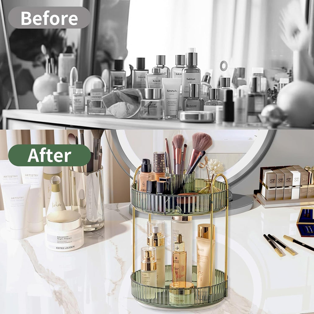 Asayuee 360° Rotating Makeup Organizer - 2-Tier Large Capacity for Skincare & Perfume | Green