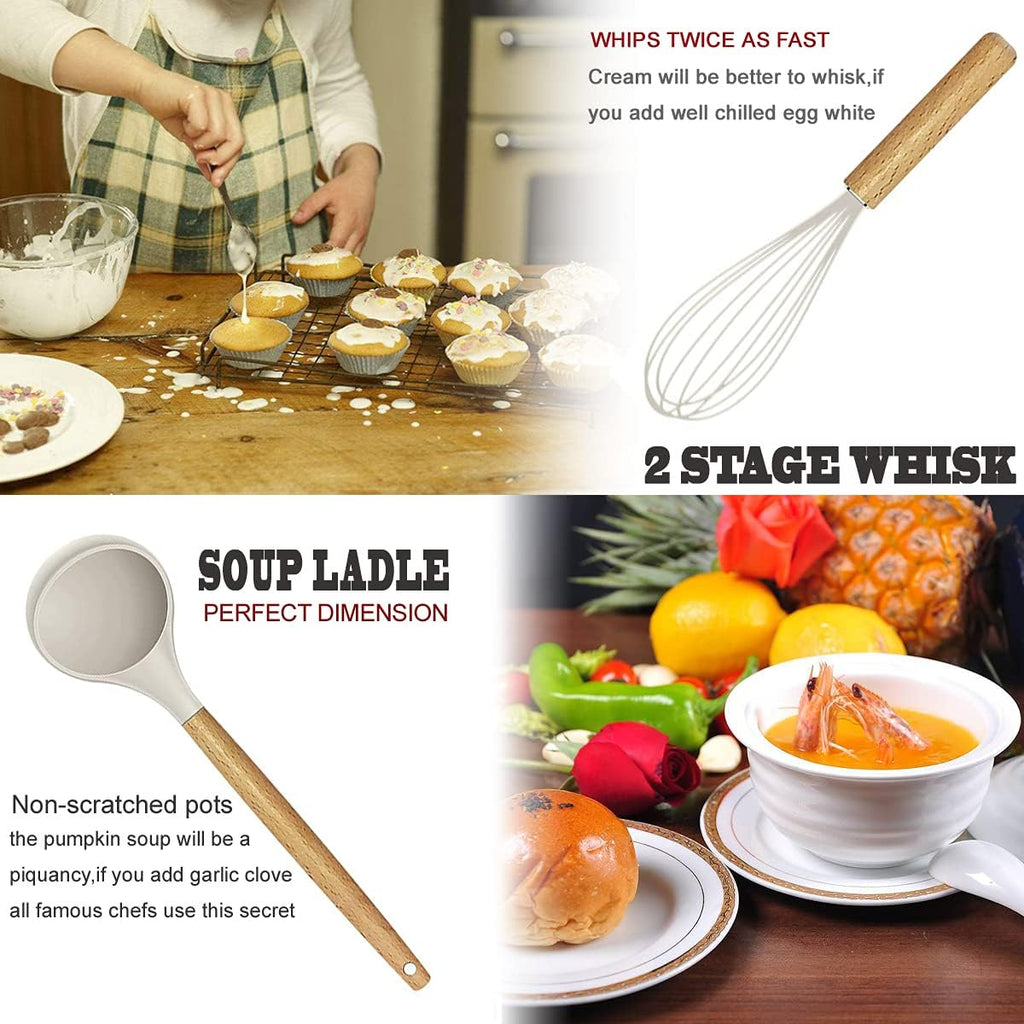 Skiennix Kitchen Utensils Set - 35-Piece Heat-Resistant Silicone & Wooden Cooking Tools