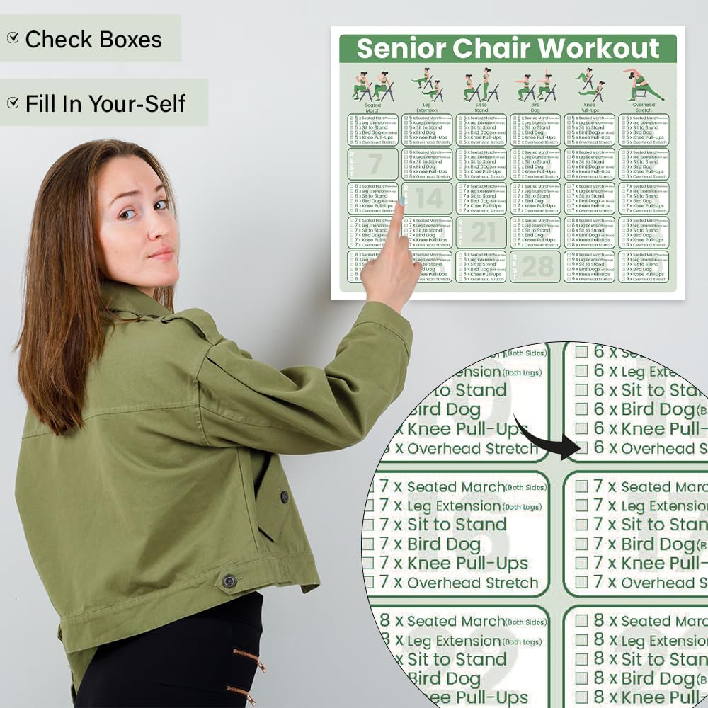 Senior Exercise Chair Workout Poster - 30-Day Stretching & Gentle Seated Exercise Chart