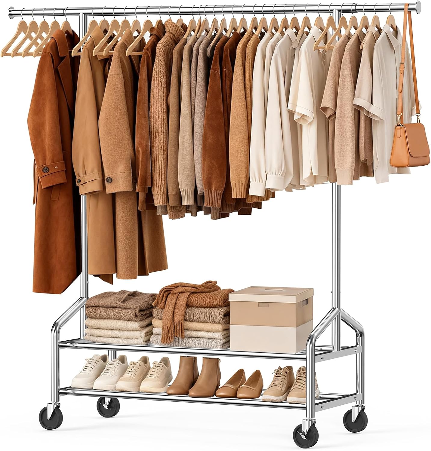 Skiennix Heavy Duty Clothes Rack - Rolling Metal Garment Rack with 650 LBS Capacity & 2 Shelves | Silver