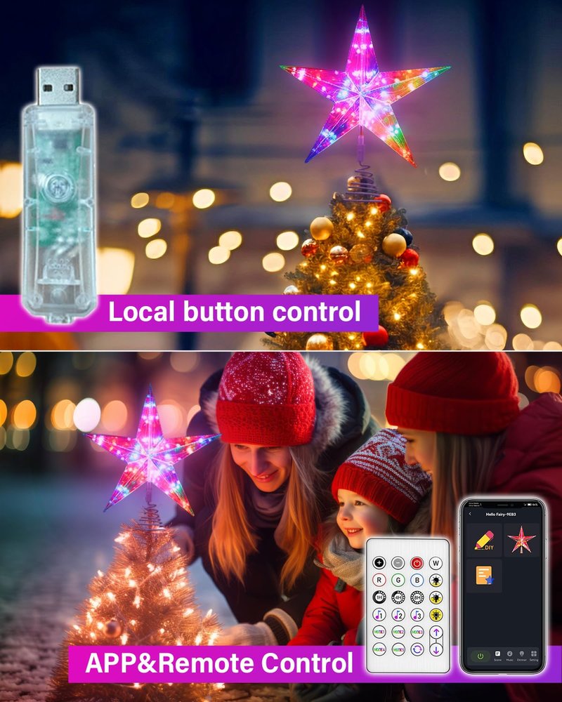 11.8" Christmas Tree Topper Star with APP & Remote Control, Color Changing Tree Topper Star Lighted with Music Sync, DIY Modes, Dimmable, Timer for Indoor Christmas Tree Decoration