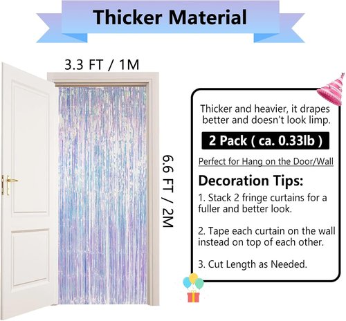 Iridescent Party Decorations - Thick Holographic Streamers | 2 Pack 3.3x6.6 FT Backdrop Curtains for Birthday & Themed Events