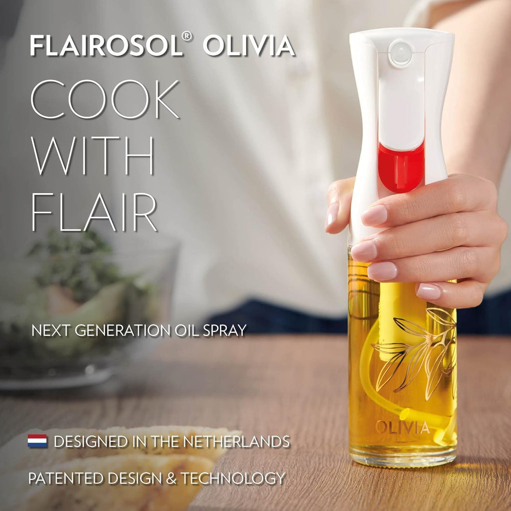 OLIVIA Signature Advanced Oil Sprayer - Continuous Spray for Cooking & BBQs | Glass Bottle in Golden Leaves