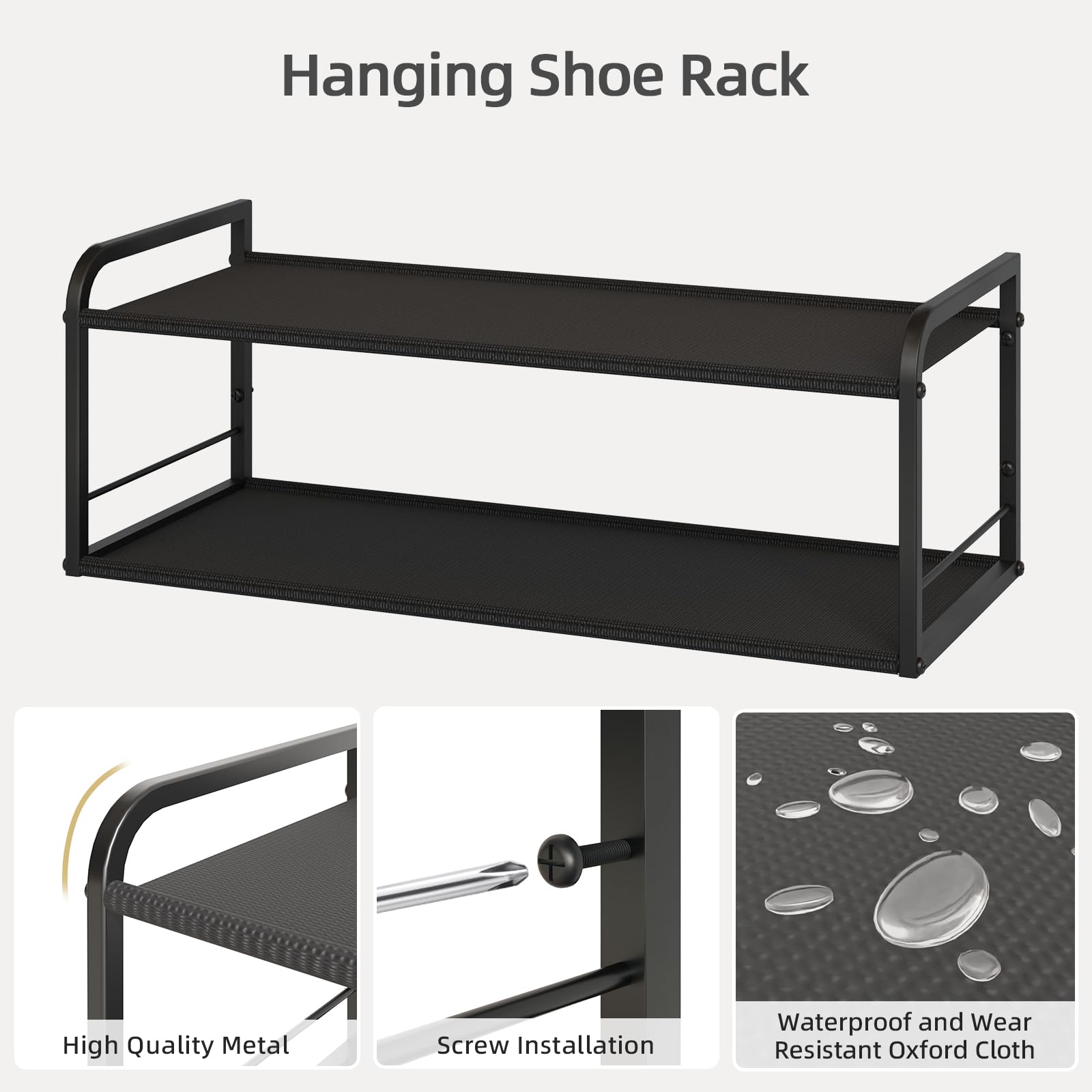 NANAGIFTREE Wall Mounted Shoe Rack, Carbon Steel Shoe Organizer with Removable Oxford Cloth, Non-Slip Space-Saving for Entryway Closet Bedroom, Black