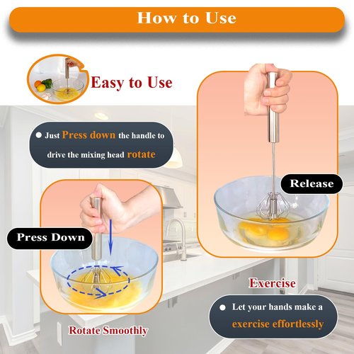 Mzrnfcyk Stainless Steel Semi Automatic Whisk Egg Beater Whizzy Whisk, Hand Push Blender Kitchen Mixer Wisking Tool for Blending Cooking Gadgets(10in)