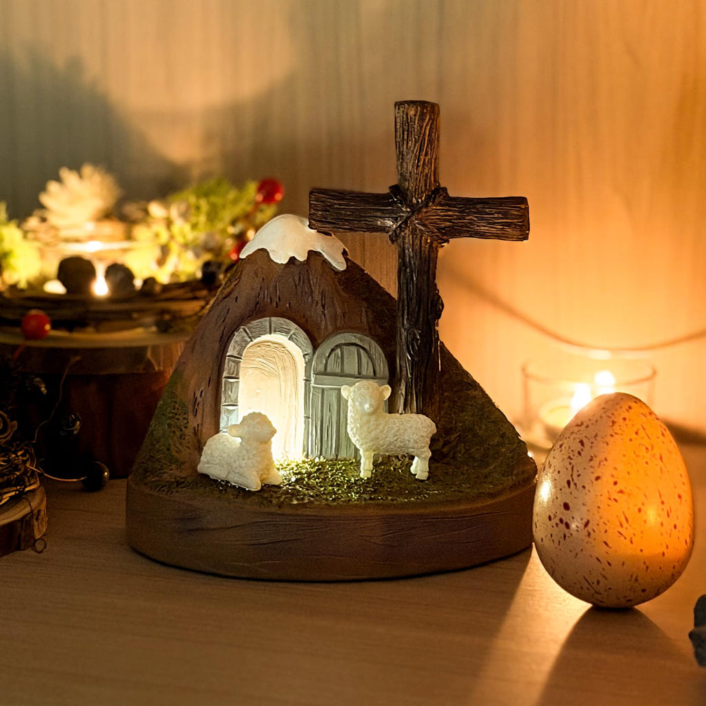 Giunn Tomb Easter Scene and Christian Cross Decoration, He is Risen Tomb Sculpture, Jesus Easter Decor, Jesus Nativity Scene Decoration for Religious Decorations, Home Office Tabletop, Shelf Decor