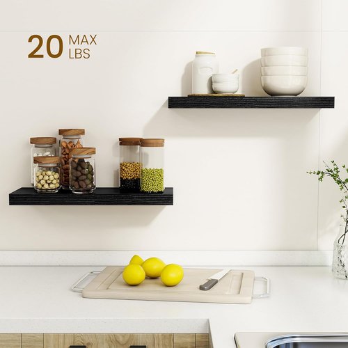 Dreamland Floating Shelves - 20-Inch Rustic Black Wooden Wall Shelves for Home Decor | Set of 2