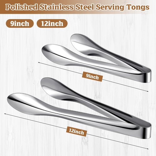 Yiyiring 2 Pack 9 Inch and 12 Inch Serving Food Tongs Silver Buffet Stainless Steel Tongs Polished Heavy Duty Kitchen Tableware Set for Cooking Salad Party Picking up Ice Appetizers and More
