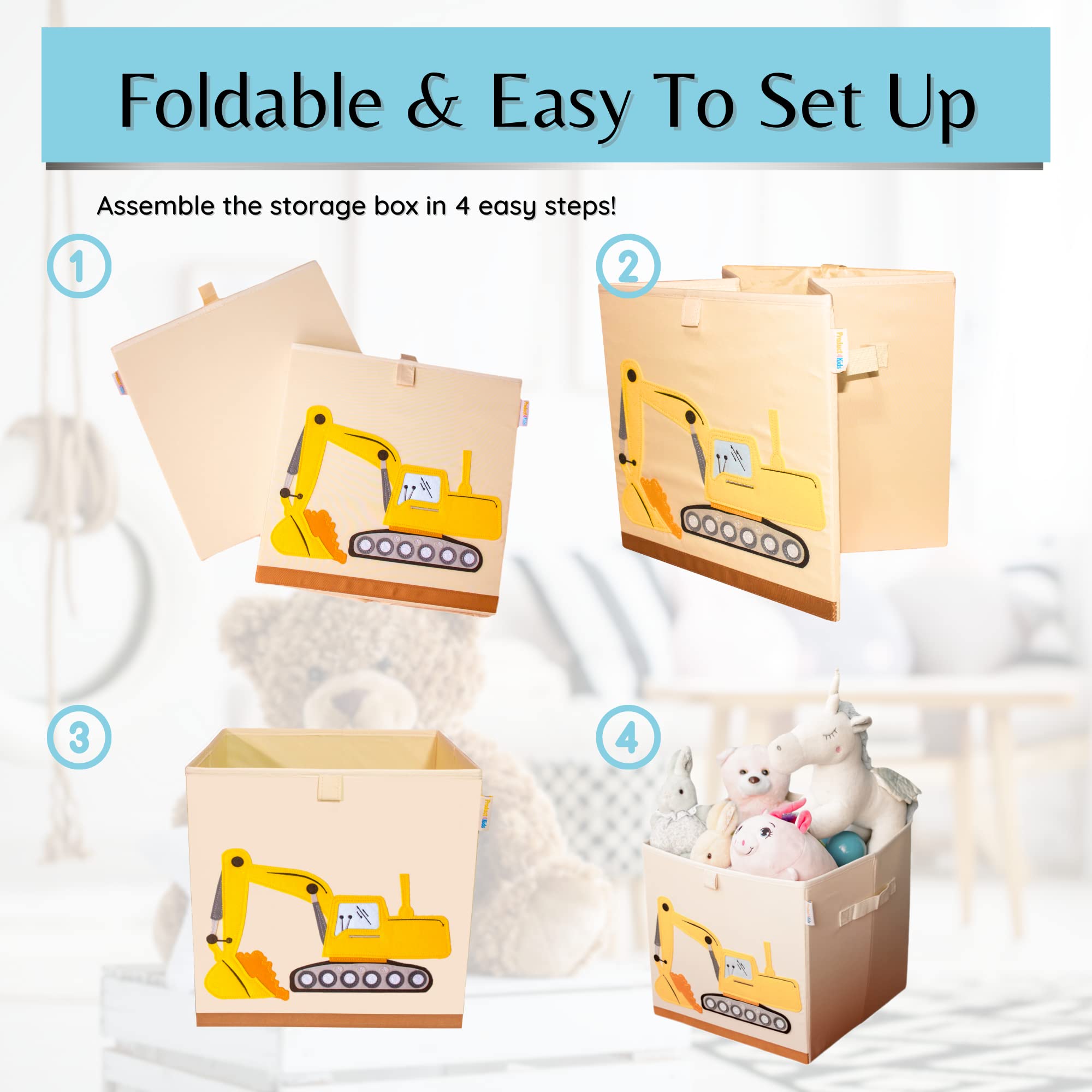 Product 4 Kids - Washable Toy Organizers and Storage, Canvas Toy Chest Organizer Foldable Kids Toy Storage Organizers for Child's Bedroom or Playroom -13x13x13 Inch (Excavator)