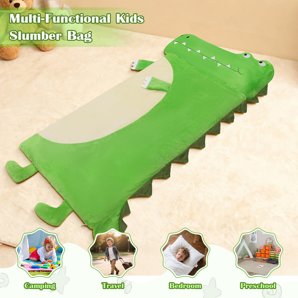 Toddler Nap Mat,Crocodile Kids Sleeping Bag 67‘’×27‘’,Extra Large Slumber Bag Thick with Removable Pillow for Girls Boys,Soft Plush Roll Up Sleeping Mat Lightweight for Preschool,Daycare,Travel,Green