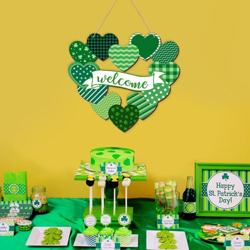 Arosche Valentines Day Decorations St Patricks Day Decorations Reversible Wooden Hanging Door Sign Double Sided Wreath Love Heart Shamrocks Welcome Door Sign for Tree, Door, Wall, Party Supplies