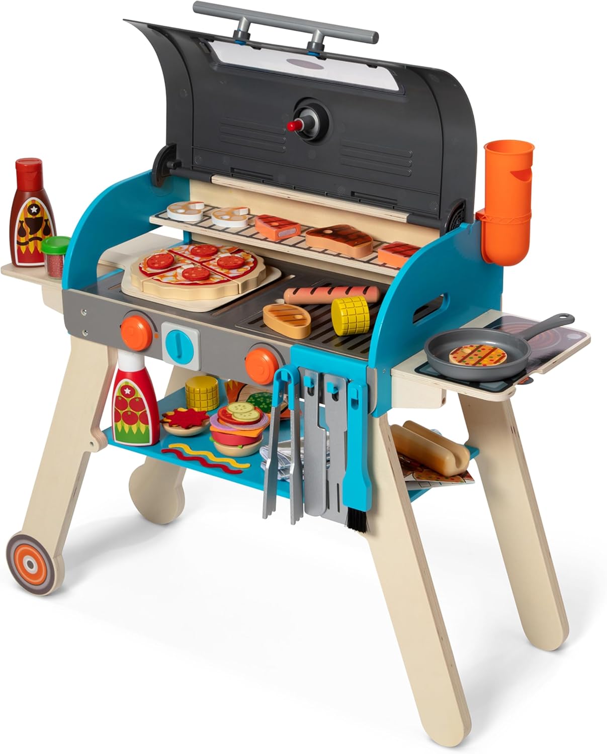 Melissa & Doug Deluxe Wooden Barbecue Grill & Smoker | Kids Play Kitchen Set with Toy Food - FSC Certified