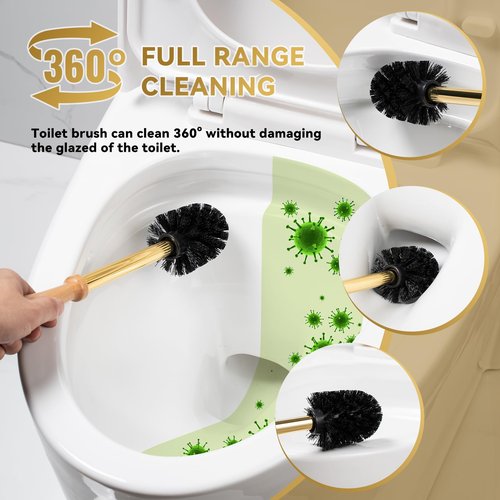 Duck Toilet Brush and Holder Set - Ceramic Bathroom Toilet Scrubber Brush Organizer with Wooden & Stainless SteelHandle, Gold Toilet Brush & Cute Duck Design for Bath Decor Storage