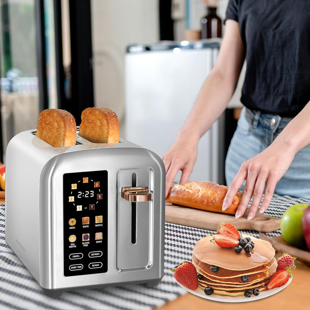 SEEDEEM 2-Slice Toaster - Full Touch Control, LCD Display, 50% Faster Heating, 7 Shade Settings, Silver Metallic