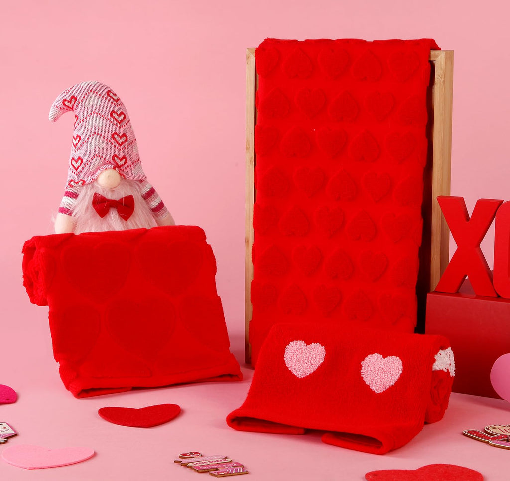 GreenPine 2 Pack Valentine's Day Hand Towels Red Heart Love Cute Bathroom Decorative Towels Set for Drying, Cleaning, Cooking, Holiday 13.7'' x 29.5''
