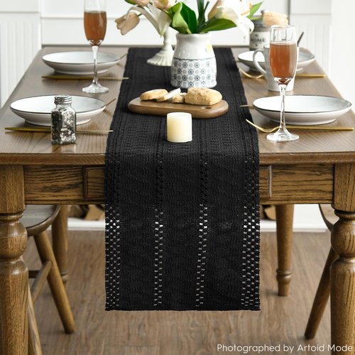 Artoid Mode Black Farmhouse Woven Rustic Hollow Table Runner, Seasonal Holiday Kitchen Dining Table Decoration for Home Party Decor 12x36 Inch