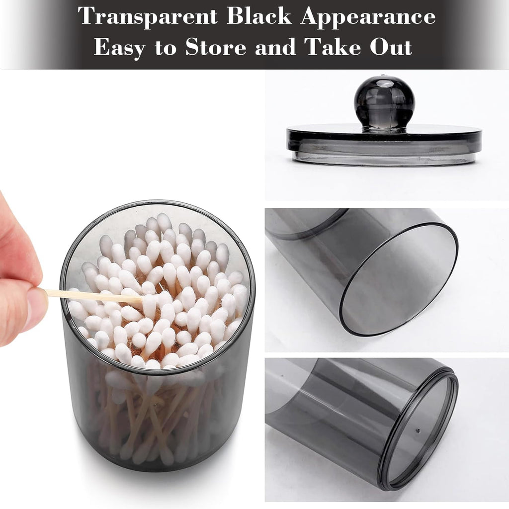 Skiennix Cotton Bud Dispenser - Clear Black Round Holder | 10 oz Apothecary Jar for Bathroom Storage