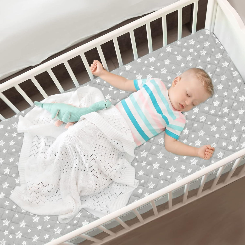 Skiennix Crib Mattress Protector - Waterproof Quilted Pad Cover | Extra Soft & Breathable, 52" x 28", Grey & White Star (2 Pack)