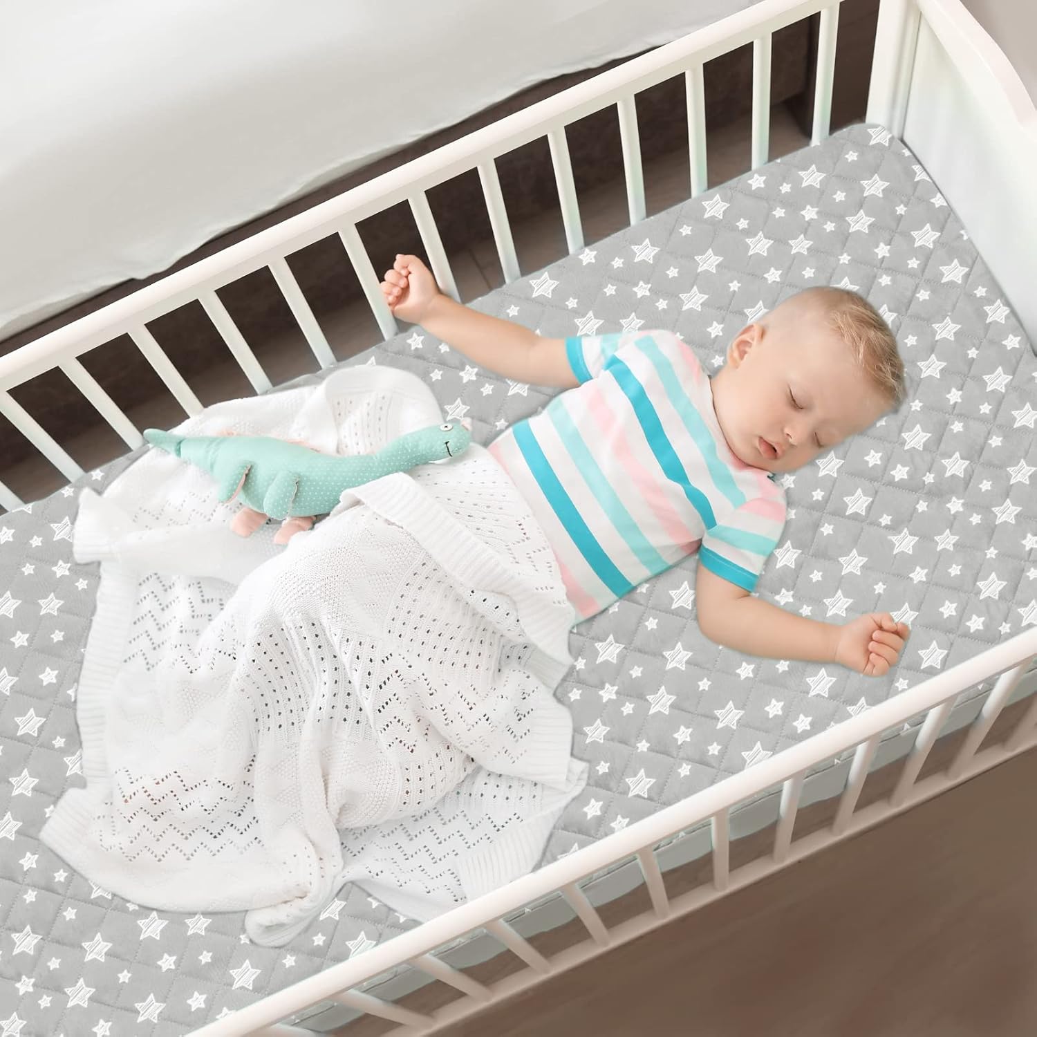 Skiennix Crib Mattress Protector - Waterproof Quilted Pad Cover | Extra Soft & Breathable, 52" x 28", Grey & White Star (2 Pack)