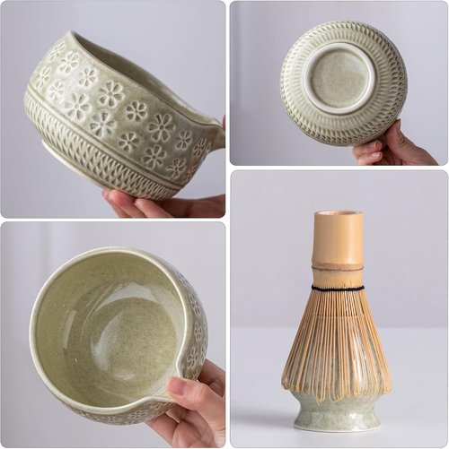 Buucup Matcha Whisk Set - Complete 7-Piece Ceramic Kit with Bowl, Whisk, Bamboo Scoop & More | Mottled Green