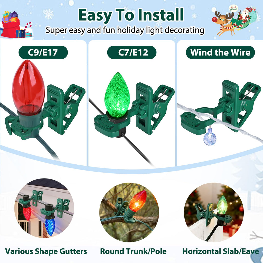 C7 C9 christmas light spring clips, 100Pcs Self-lock heavy duty quick Christmas Light Clips, Fit E12/E17 Base, Mini Lights Holiday Rope Lights, Perfect for gutter Shingle Metal Roof Fence Railing