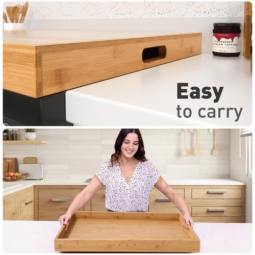 Bamboo Stove Cover for Gas & Electric Burners, 28.82”x20.83”x2.12'' (Inner) Noodle Board with Handles, Cutting Board with Juice Groove, Serving Tray (Natural Bamboo)