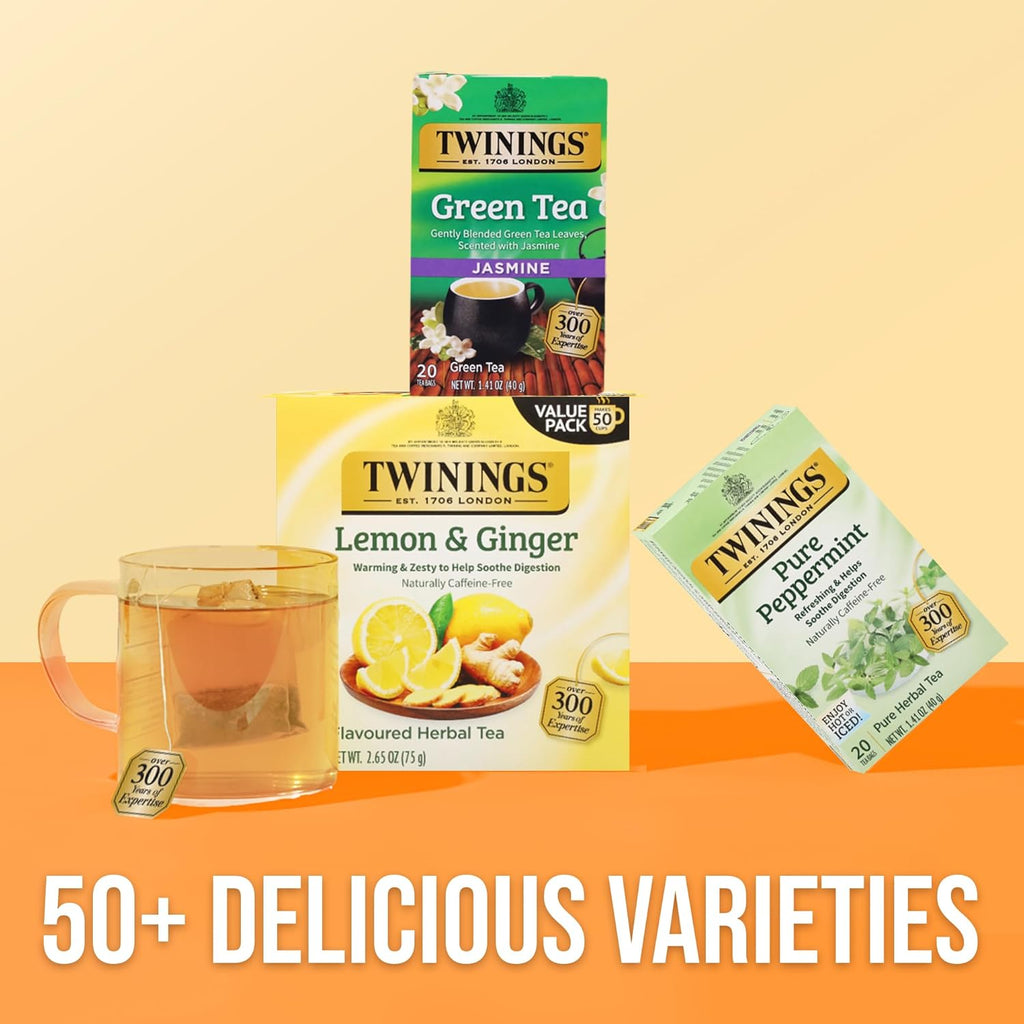 Twinings Lemon & Ginger Herbal Tea - Caffeine-Free, Tangy & Spicy, 50 Individually Wrapped Bags (Pack of 6)