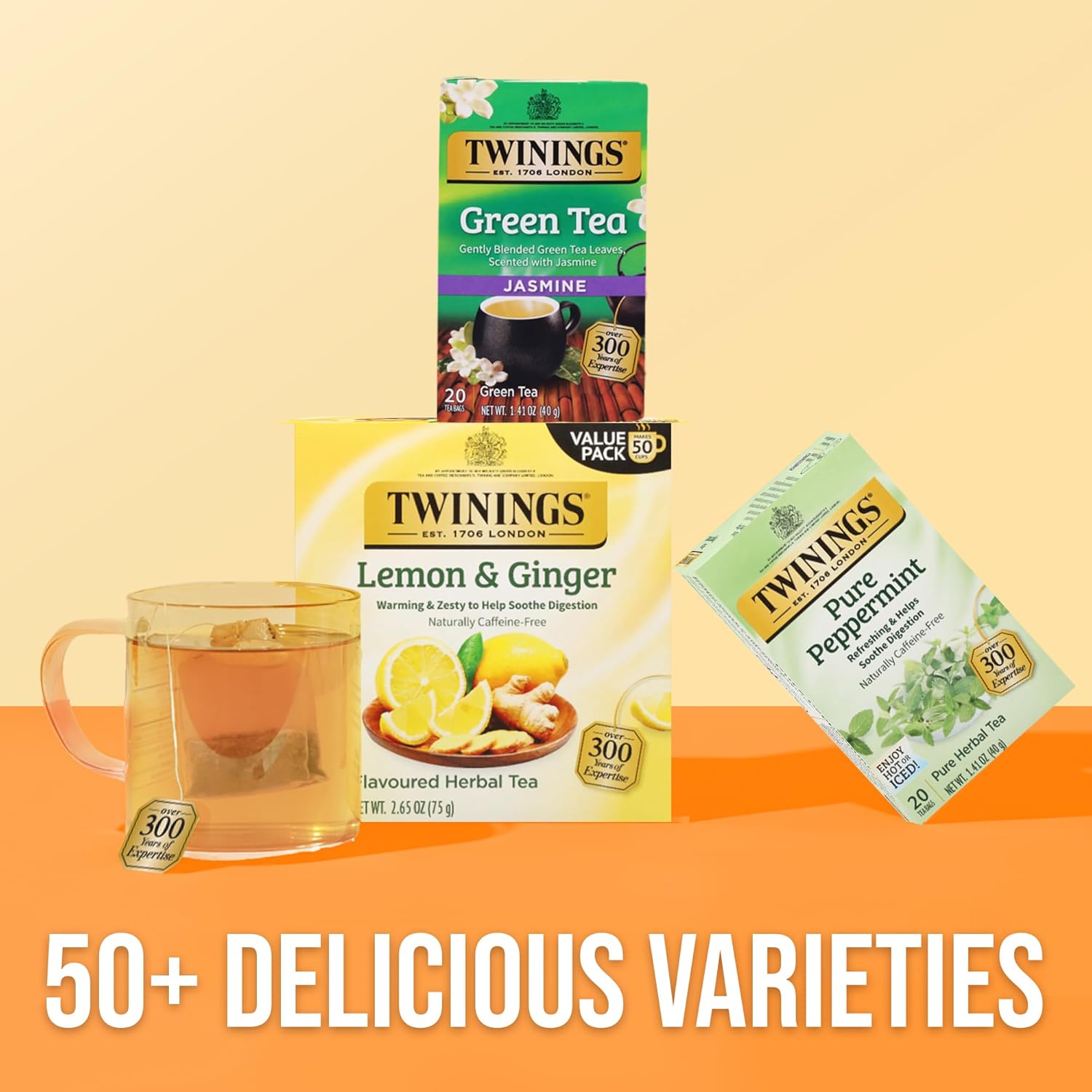 Twinings Lemon & Ginger Herbal Tea - Caffeine-Free, Tangy & Spicy, 50 Individually Wrapped Bags (Pack of 6)