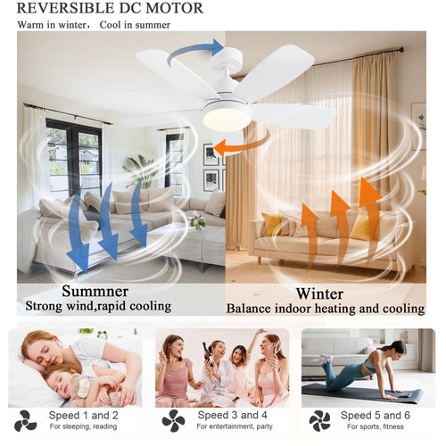 GJeg Ceiling Fans with Lights, 42 Inch Low Profile Ceiling Fan with Lights and Remote Control, LED Dimmable DC Reversible, 8 Speed, Noiseless, Modern White Ceiling Fan for Bedroom, Indoor/Outdoor Use