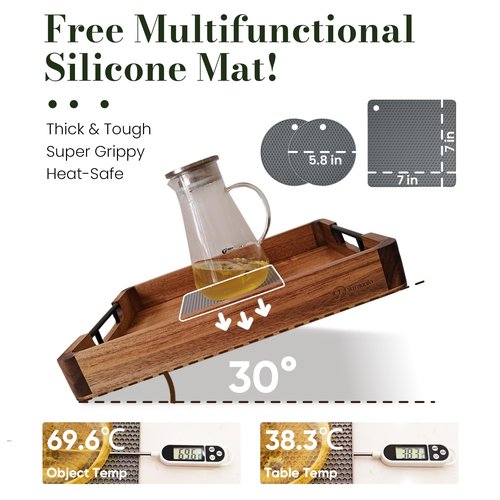 Wood Serving Tray with Handles, 17"x13" Large Decorative Ottoman Tray for Coffee Table, Walnut and Acacia Wooden Serving Trays for Party, Home Decor Rectangular Platters with 3 Silicone Mats