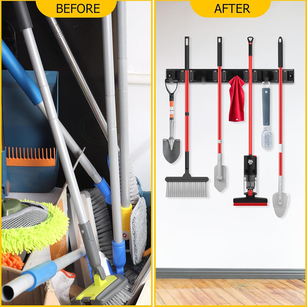 SLIIMU 30'' Movable Broom and Mop Holder - Wall Mount Organizer with 7 Racks & 8 Hooks for Home Storage