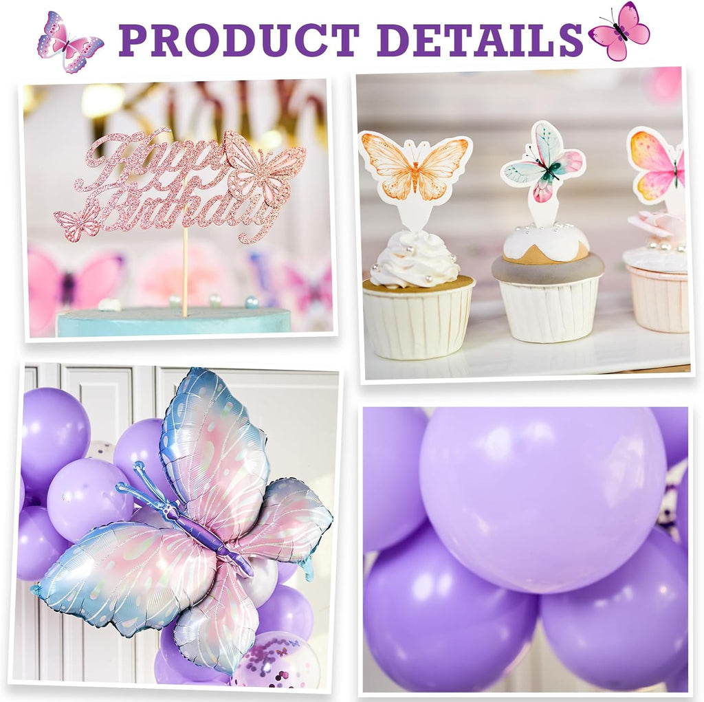 Butterfly Birthday Decorations - Purple Party Supplies with Balloons & Happy Birthday Banner