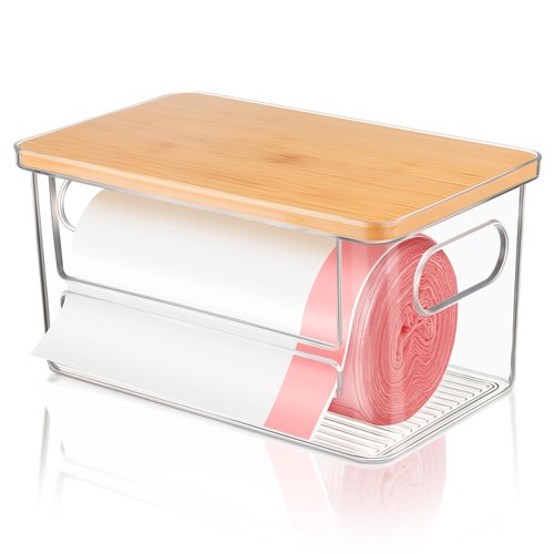 Hiitytin Trash Bag Holder Dispenser, Garbage Bag Dispenser with Bamboo Lid & Handles, Stackable Clear Trash Bag Organizer Under Sink for Kitchen, Pantry, Laundry Room, Cabinet