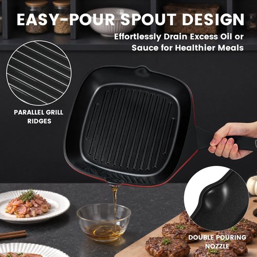 EvoFar 11 Inch Nonstick Grill Pan, Square Large Grilling Skillet Steak Pan for Stove Tops, Granite Coating Grill Skillet with Pour Spouts, PTFE & PFOA Free, Durable Grilling Pan for Indoor & Outdoor