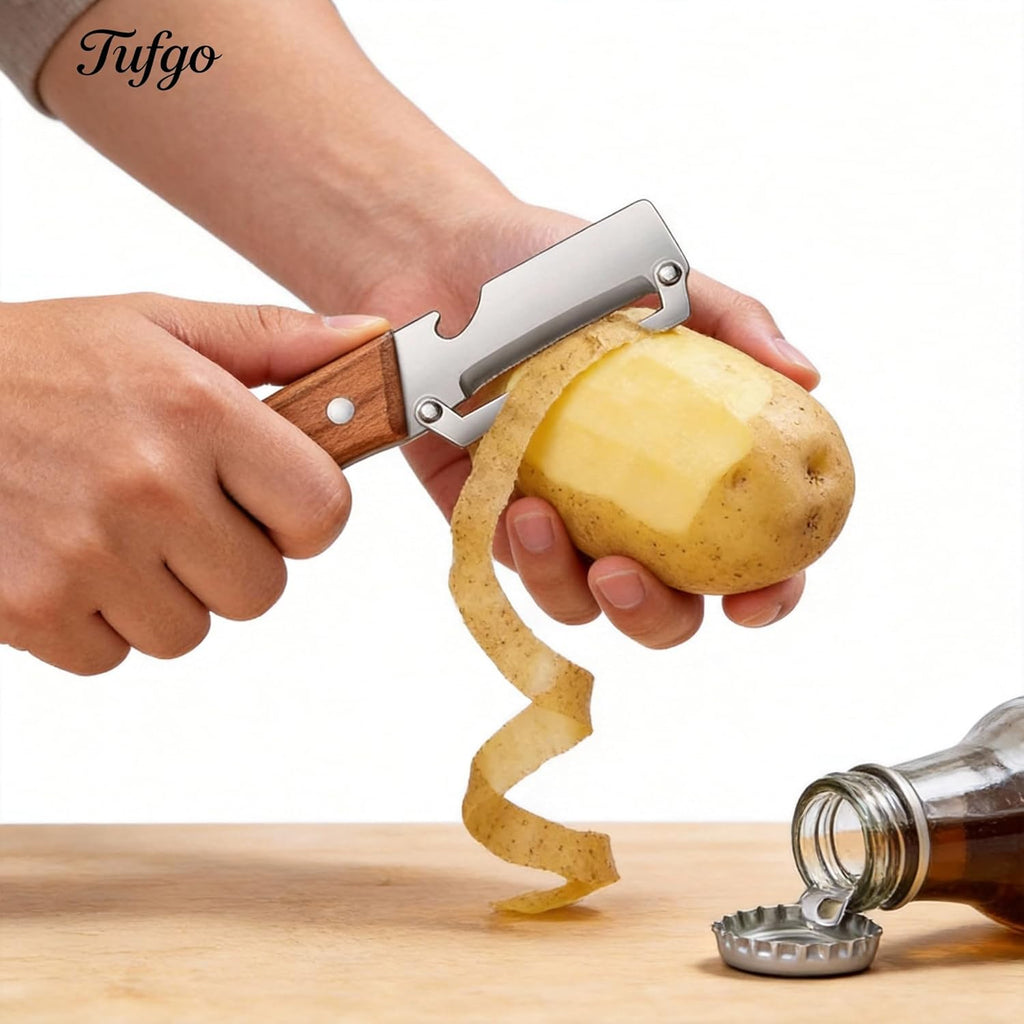 Skiennix 2-In-1 Vegetable Peeler - Multi-Functional Kitchen Tool with Bottle Opener & Wooden Handle