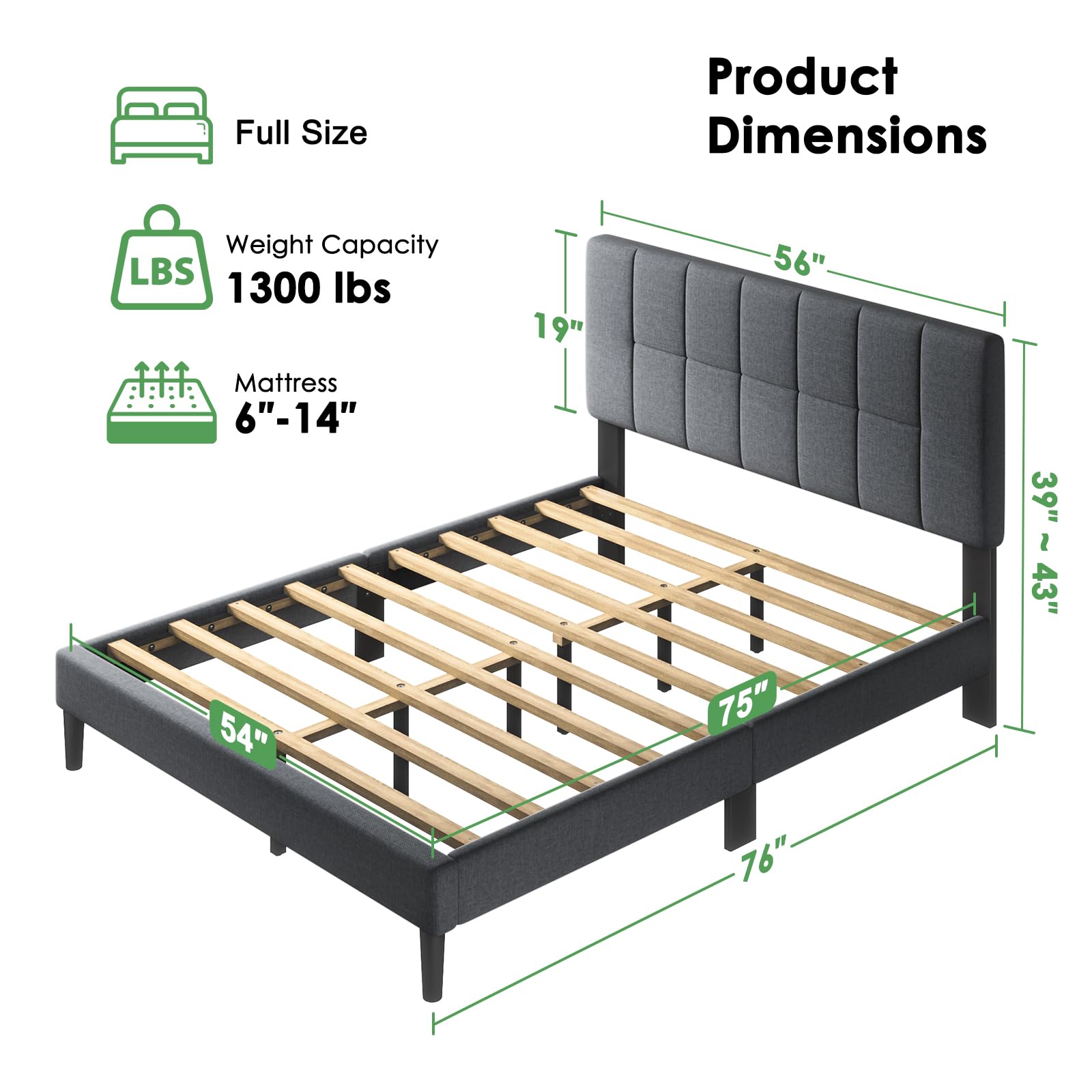 Marsail Full Size Bed Frame with Headboard, Sturdy and Durable with 12 Support Legs, 1300 lbs Capacity, Solid Wooden Upholstered Adjustable Headboard for 6"-12" Mattresses, Easy Assembly,Dark Gray