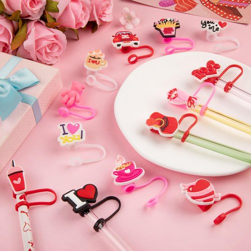 24 PCS Valentine's Day Straw Toppers, 8mm Heart Shaped Straw Cover Cap for Tumblers, Reusable Red Pink Lips Drinking Straws Tip Cover Lover Couple Fun Gifts