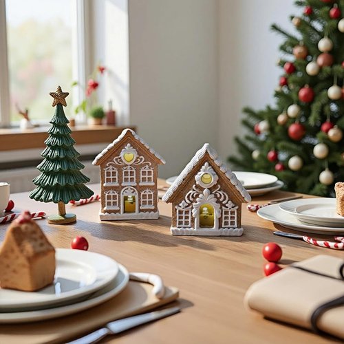Braxio Gingerbread House Kit - 2PCS Miniature Resin Houses with LED Light | 3 Inch Indoor Christmas Decor