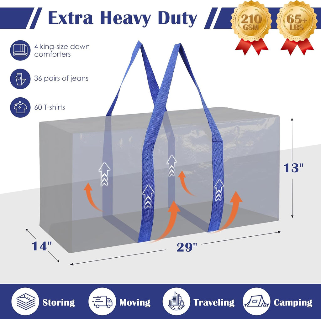 Skiennix 6 Pack Moving Bags - Extra Large 93L Heavy Duty Waterproof Storage Totes | Ideal for College Dorm & Home Organization - Blue
