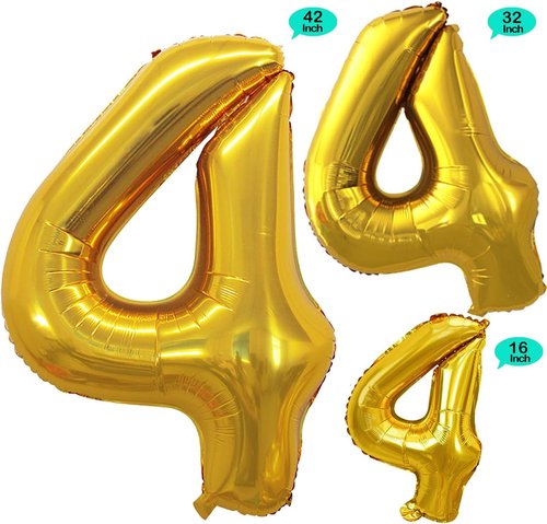 GOER Gold Foil Number 4 Balloons - Huge 42" & 32" Birthday Party Decorations (3 Pcs)