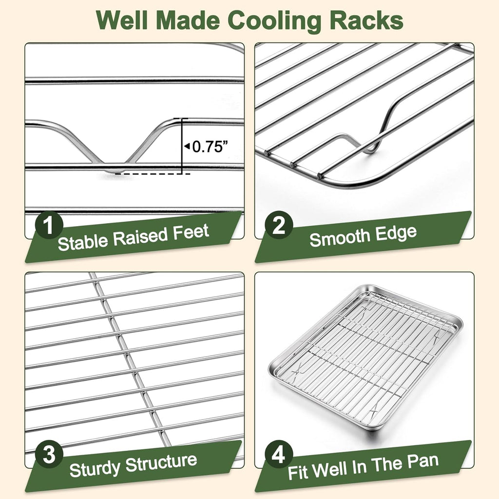 TeamFar Baking Sheet Set - 3 Stainless Steel Cookie Sheets with Racks | Non-Toxic, Heavy Duty, Dishwasher Safe, 16/12.5/10.5 Inch