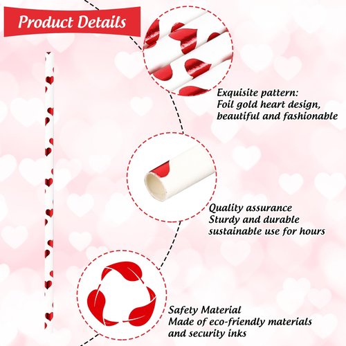 Whaline 100Pcs Valentine's Day Paper Straws Foil Red Heart Straws Disposable Drinking Straws for Wedding Birthday Party Supplies