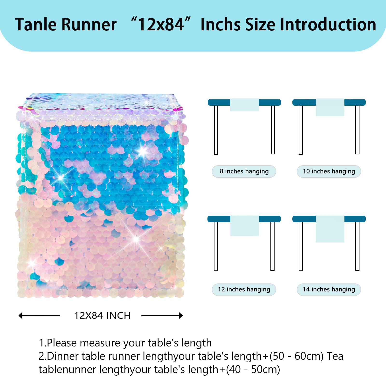 VHH Mermaid Party Table Runner, 12 x 84 inches Sequin Table Runners , Glitter Holographic Mermaid Tail Colorful Sequin Table Cover for Ocean Birthday Party (6 Pack).