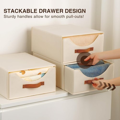 Homsorout Large Fabric Storage Bins - Collapsible Closet Organizers with Drawers | 4 Pack in Beige
