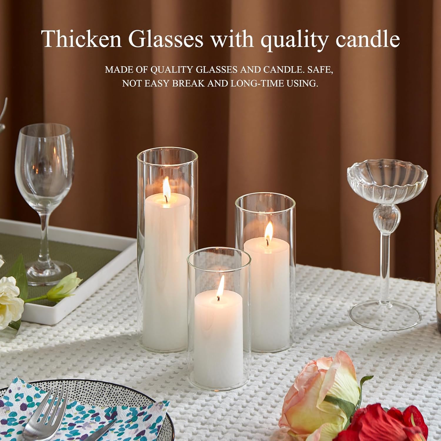 Set of 6 White Pillar Candles by [Brand Name] - Elegant Glass Hurricane Holders for Weddings & Home Decor