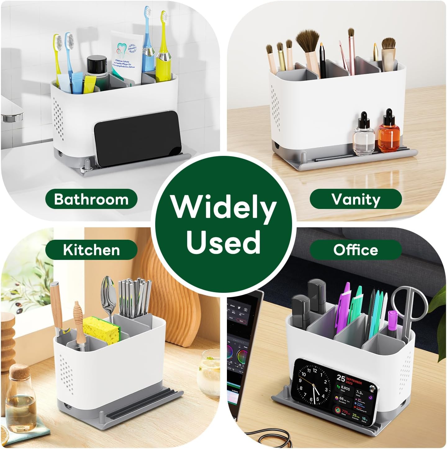 Skiennix Adjustable 6-Slot Toothbrush Holder - Cord-Friendly Bathroom Organizer with Phone Ledge