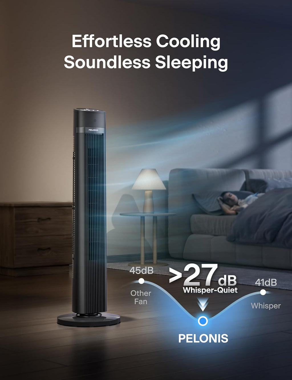 Pelonis 40-Inch Bladeless Tower Fan - Quiet 3-Speed Standing Fan with Remote, 90° Oscillation, Grey