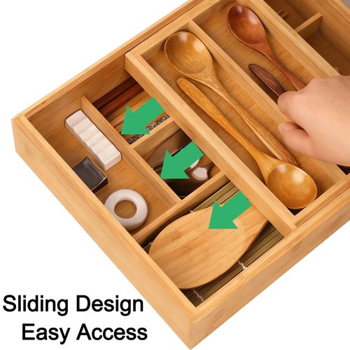 2-Tier Drawer Organizer with Removable Cutlery Tray Kitchen Utensil Silverware Drawer Organizer, Silverware Tray for Drawer Utensil Holder Bamboo Flatware Box for Utensils Stationery Cosmetics (M)